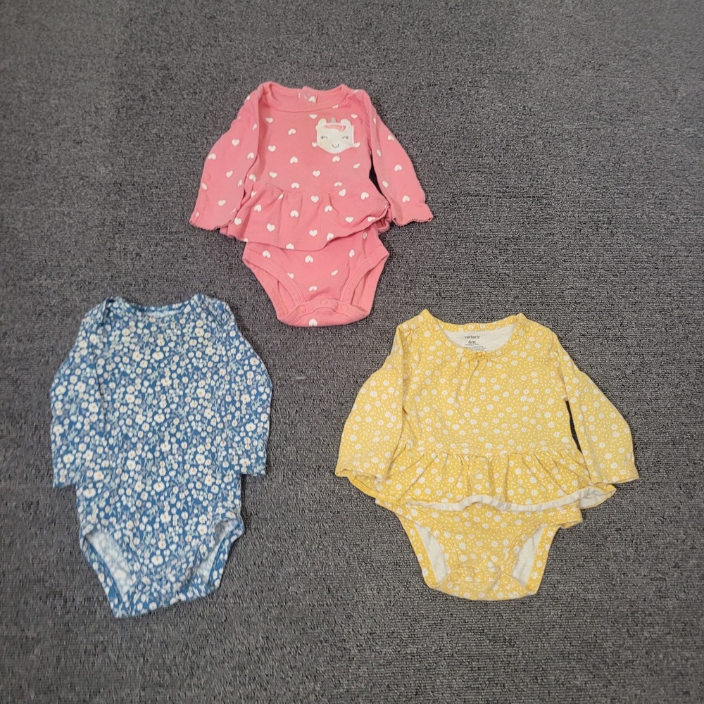 Carter's Size 6M Bodysuit Set Baby Girl Floral Heart Unicorn Long Sleeve 3PK